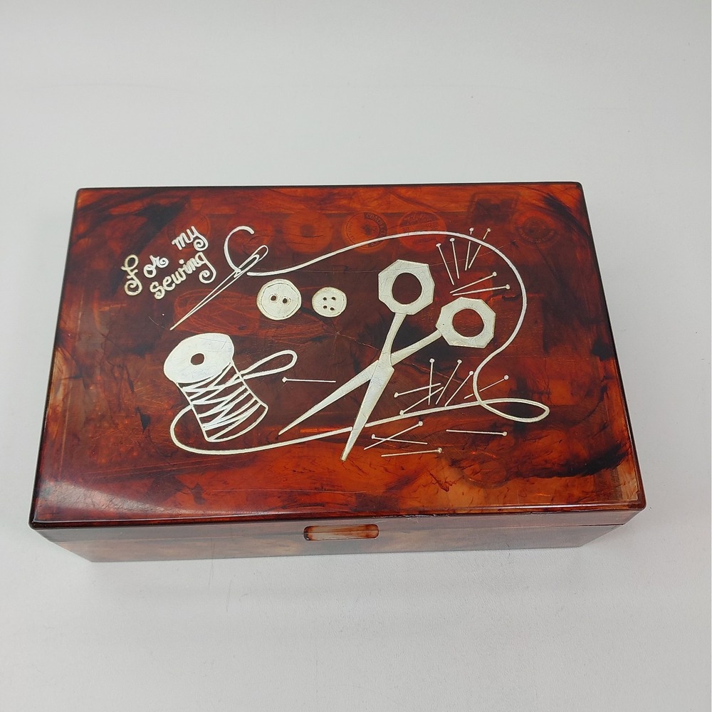 Vintage Lucite Tortoise Shell Sewing Box Filled With Various Threads Etc